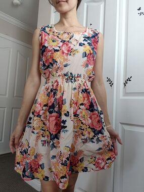 Sleeveless Floral Mini Dress in Cream with Pink & Yellow Blooms